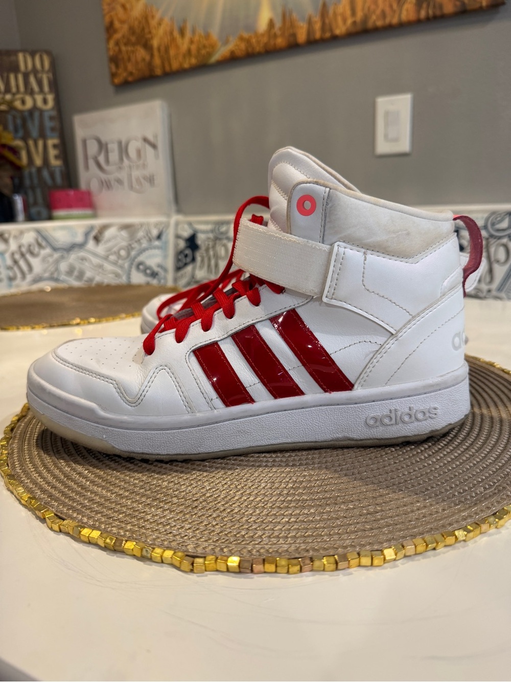 adidas White and Red High-Top Sneakers with Strap